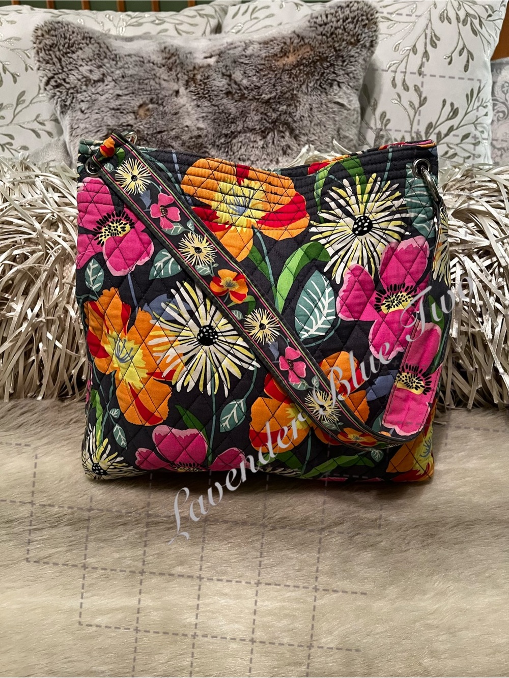 VERA BRADLEY Jazzy Blooms 2013 Holiday Tote Green Pink Gray Snap Close Y2K Satch